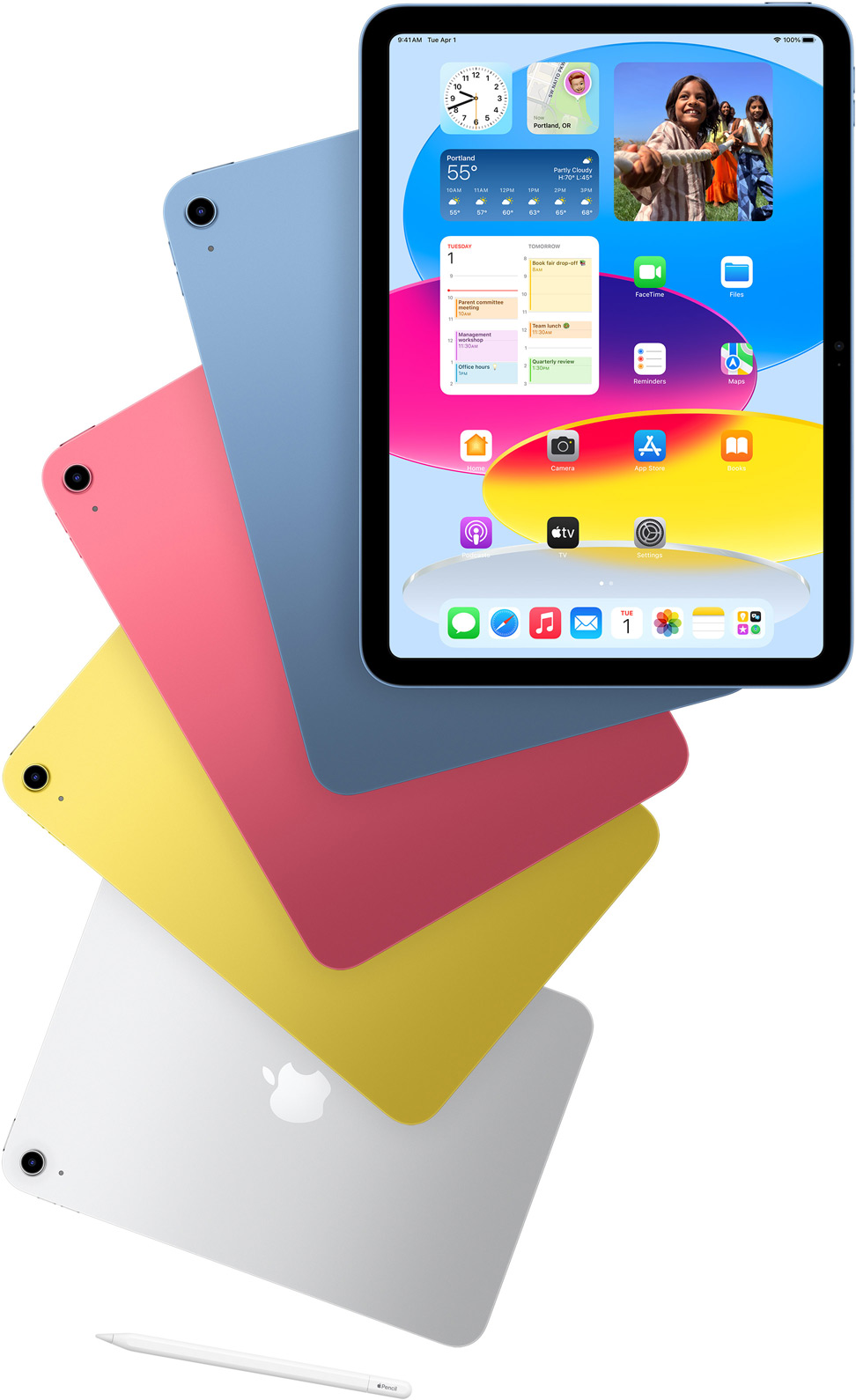 iPad sett forfra som viser Hjem-skjermen, med iPad-modeller sett bakfra i bl?, rosa, gul og s?lv. En Apple Pencil er plassert ved viften med iPad-modeller.