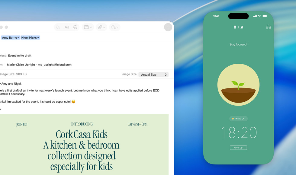 écran d’un MacBook, app Mail ouverte, écran d’un iPhone recopié sur celui du MacBook indiquant l’arrivée d’une livraison Forest