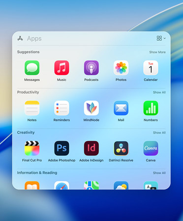 Spotlight Browser-Menü zeigt Apps mit Kategorie-Filtern: Dienstprogramme, Social, Produktivit?t und Finanzen, Unterhaltung sowie Informationen und Lesen