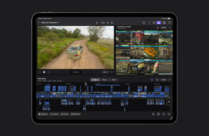 écran d’iPad Pro 13 affichant l’interface et la timeline de Final Cut Pro avec une voiture verte roulant sur une route dégagée