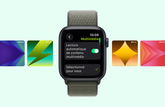 Apple Watch SE 3, bo?tier en aluminium, minuit, suggestions de playlists Apple Music pour l’entra?nement, bracelet, Boucle Sport, couleur forêt