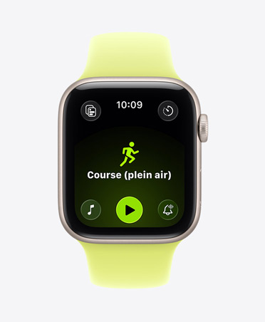 Apple Watch Series 3, bo?tier en aluminium, lumière stellaire, exercice Course en plein air activé, commandes de lecture d’Apple Music en bas de l’écran, Bracelet Sport, jaune fluo