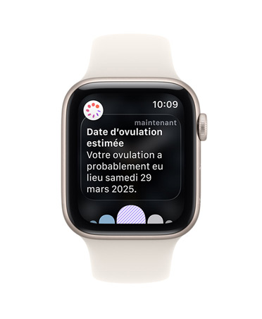 Apple Watch SE 3, bo?tier en aluminium, lumière stellaire, notification de date d’ovulation estimée dans l’app Suivi de cycle de l’app Santé, Digital Crown, Bracelet Sport, lumière stellaire