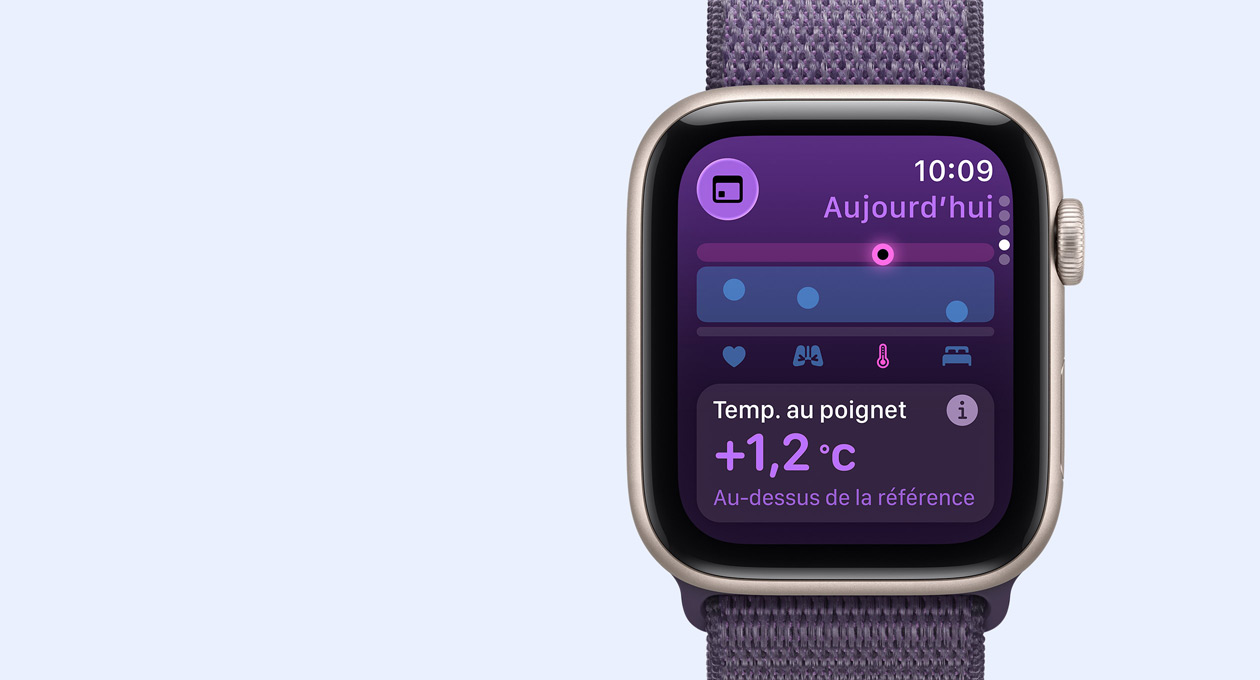 Apple Watch SE 3, bo?tier en aluminium, minuit, mesure de la température au poignet, c?té droit, Digital Crown, bracelet, Boucle Sport, bleu maritime