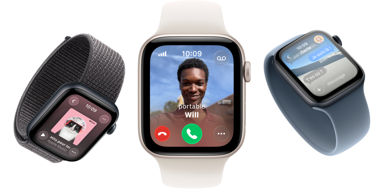 Apple Watch SE 3, bo?tiers en aluminium, lumière stellaire et minuit, Boucle unique tressée, curcuma, Boucle Solo, jaune fluo, Boucle Sport, gris foncé, écrans : Apple Pay, Centre de contr?le, Apple Music
