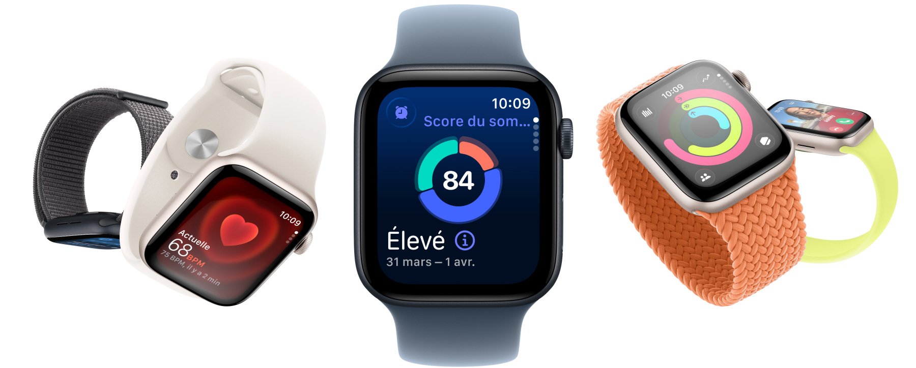 Apple Watch SE 3, bo?tiers en aluminium, lumière stellaire et minuit, écrans : app Signes vitaux, app Fréquence cardiaque, Score de sommeil, anneaux Activité, appel entrant