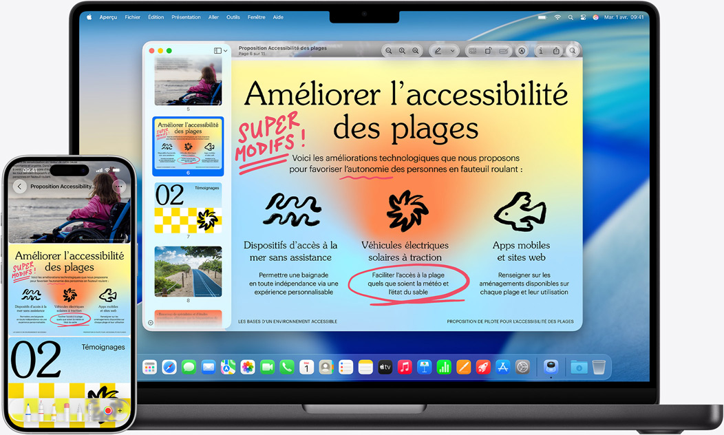 Un iPhone et un MacBook c?te à c?te illustrant la fonctionnalité de recopie sur le MacBook. Widgets Calendrier et Notes au sommet de l’écran, apps en bas.