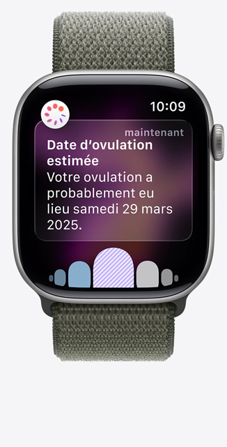 Apple Watch Series 11, bo?tier en aluminium gris sidéral, notification de date d’estimation d’ovulation provenant de Suivi de cycle dans l’app Santé, Digital Crown, bracelet, Boucle Sport vert forêt