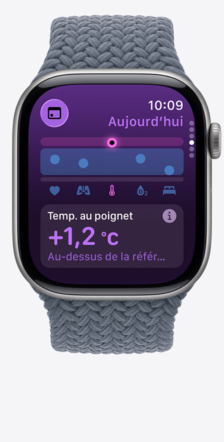Apple Watch Series 11, bo?tier en titane, finition ardoise, app Signes vitaux, tableau des scores de santé, notification de température au poignet supérieure à la valeur de référence, c?té droit, Digital Crown, Bracelet Boucle unique tressée bleu maritime