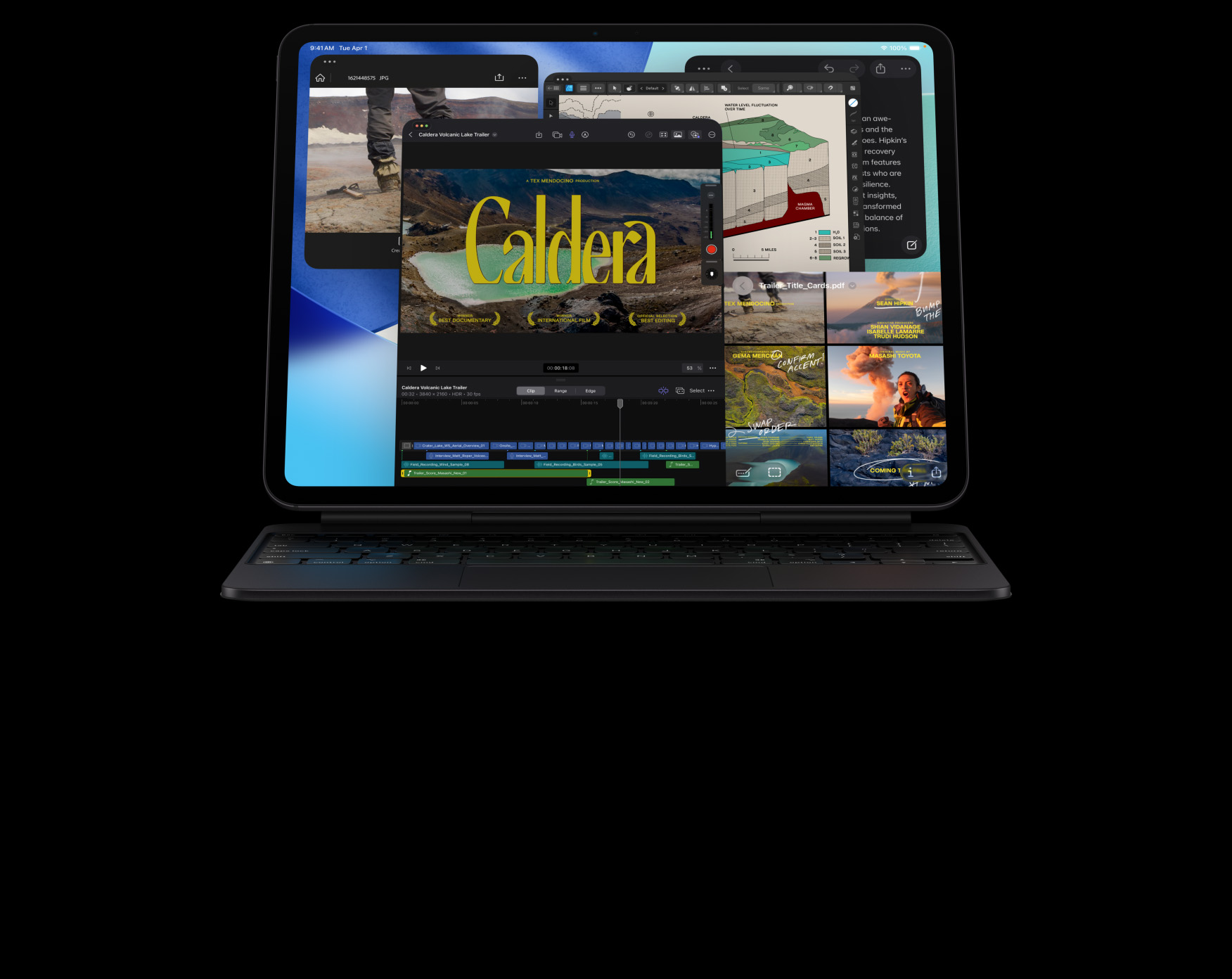 iPad Pro, μπροστιν? εξωτερικ? ?ψη, οριζ?ντιο? προσανατολισμ??, Διαστημικ? Μα?ρο, προσαρτημ?νο σε Magic Keyboard, Διαστημικ? Μα?ρο, οθ?νη με πολλαπλ? παρ?θυρα apps: Final Cut Pro με πολλαπλ?? δυνατ?τητε? επεξεργασ?α? β?ντεο και χρονολ?γιο, Χ?ρτε?, Σημει?σει?, β?ντεο μ?σων
