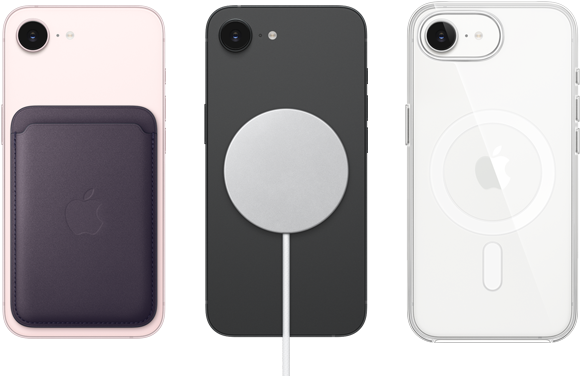 iPhone 17e, π?σω ?ψη, απαλ? ροζ χρ?μα, Πορτοφ?λι με ?φασμα FineWoven με MagSafe, iPhone 17e, π?σω ?ψη, μα?ρο χρ?μα, με φορτιστ? MagSafe, iPhone 17e, π?σω ?ψη, λευκ? χρ?μα, Δι?φανη θ?κη με MagSafe