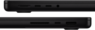Παρουσ?αση των θυρ?ν στο MacBook Pro — αριστερ? πλευρ?: Magsafe 3, δ?ο θ?ρε? Thunderbolt και υποδοχ? ακουστικ?ν — δεξι? πλευρ?: υποδοχ? κ?ρτα? SDXC, μ?α θ?ρα Thunderbolt και HDMI