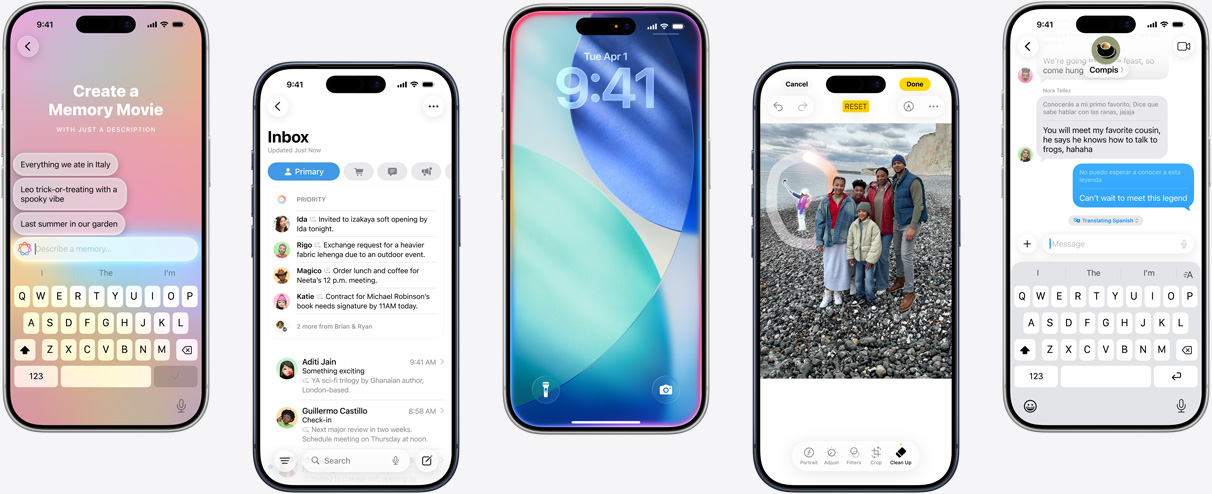 五部 iPhone 裝置分別展示 Apple Intelligence 的功能，包括製作回憶影片、郵件 app 的優(yōu)先訊息、內(nèi)側(cè)發(fā)光的 iOS 鎖定畫面、在相片 app 使用清除工具抹走物件，以及訊息 app 的即時翻譯。