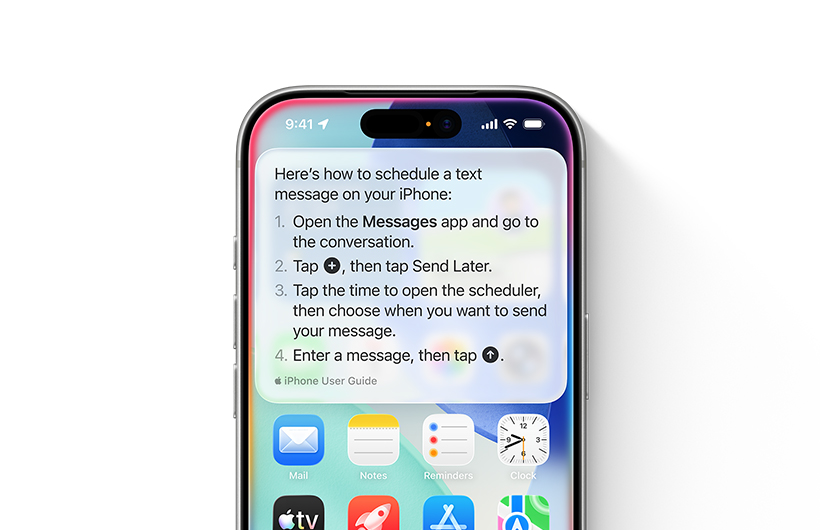 iPhone 顯示逐步指引，說明如何處理需要稍後傳送的文字訊息。