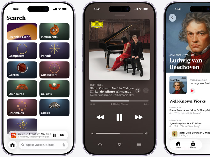 左邊的 iPhone 展示 Apple Music 古典樂 app 的「瀏覽」分頁，其中已選取「目錄」分頁，顯示作曲家、時期、類型、指揮家、管弦樂團、獨奏/獨唱、合奏團，以及合唱團目錄；中間的 iPhone 顯示以杜比全景聲播放 Beethoven 的《Piano Concerto No. 1 in C Major, Op. 15: III. Rondo. Allegro scherzando》；右邊的 iPhone 顯示 Ludwig van Beethoven 的作曲家頁面