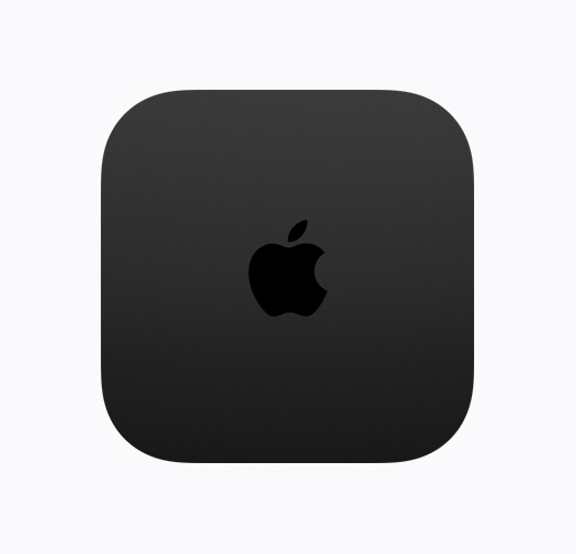 黑色 Apple TV 4K 機身俯視圖，呈現(xiàn)黑色光面 Apple TV 標誌