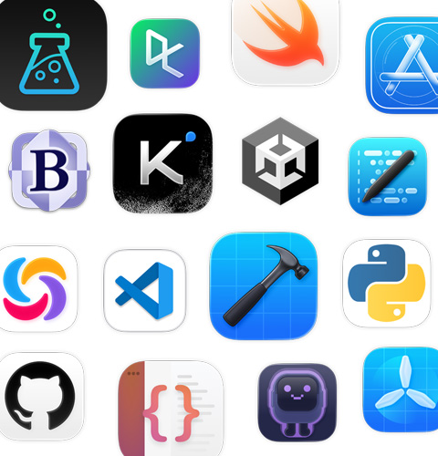 一系列編碼 app 圖像，包括 Unity Editor、DataCamp、Swift Playground 和 Apple Developer。