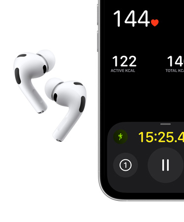 白色 AirPods?Pro?3 耳筒、矽膠耳塞、咪高風(fēng)；iPhone，螢?zāi)簧险故緫敉馀懿襟w能訓(xùn)練畫面