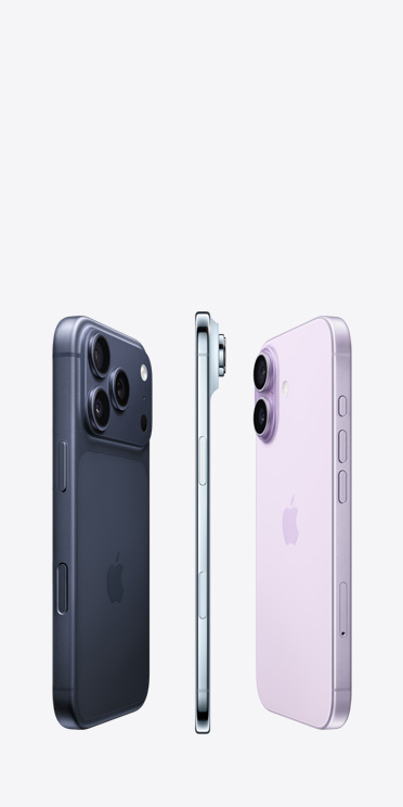 iPhone 17 Pro 機(jī)身背面，Pro 融合相機(jī)系統(tǒng)橫列於上方；iPhone Air 的側(cè)面圖，展示極纖薄鈦金屬側(cè)面機(jī)身；iPhone 17 機(jī)身背面，先進(jìn)的雙相機(jī)系統(tǒng)位於左上角
