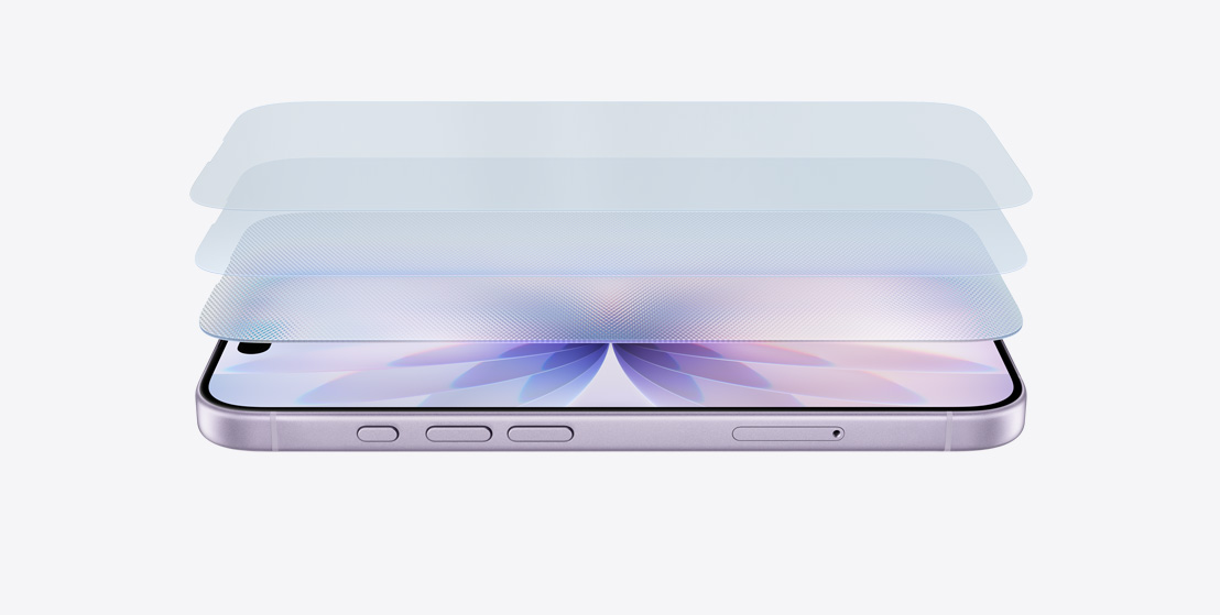 橫放的薰衣草紫色外觀 iPhone 17 的側(cè)面，以層疊設(shè)計展示陶瓷晶體護(hù)面 2