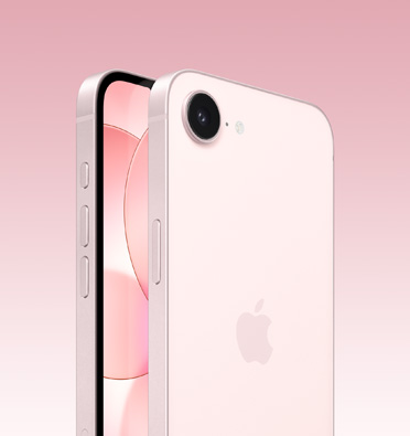 淺粉紅色 iPhone 17e 的正面和背面，顯示部分正面螢?zāi)?，完整背面展?Apple 標(biāo)誌及單相機(jī)，側(cè)面展示動作按鈕、音量按鈕和側(cè)邊按鈕。
