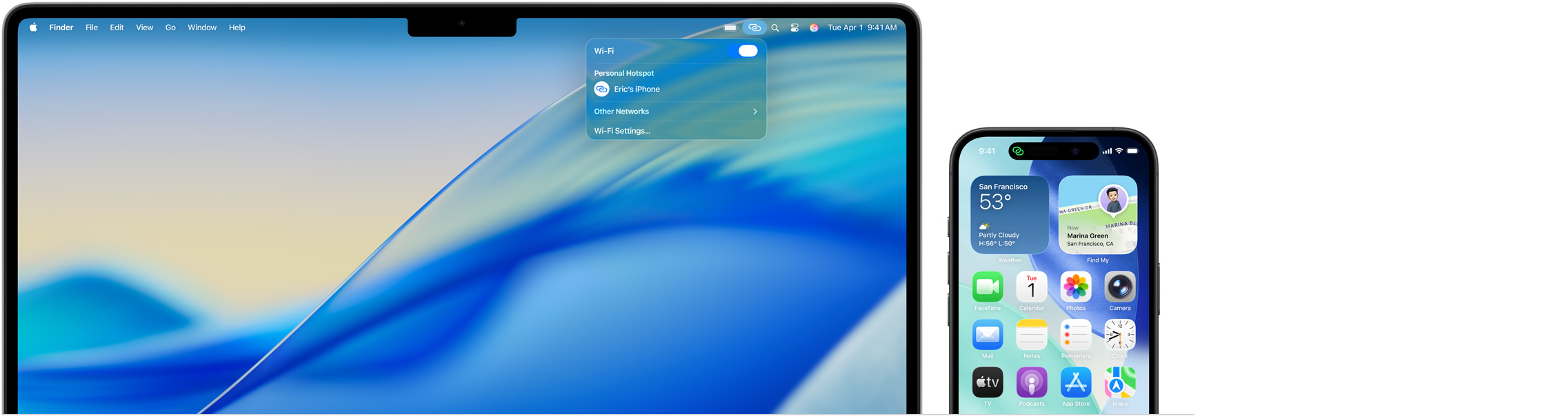 14 吋 MacBook Pro，已從選單列開啟控制中心，個(gè)人熱點(diǎn)連接顯示：「Eric's iPhone」；iPhone 16 螢?zāi)蛔笊戏斤@示個(gè)人熱點(diǎn)的綠色圖示