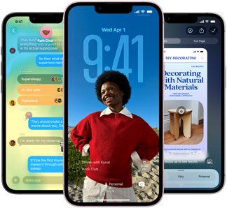 Tri ure?aja iPhone 17e, prikazana je aplikacija Poruke s dizajnom Liquid Glass, dinami?ni Zaklju?ani zaslon i Vizualna inteligencija u upotrebi