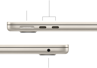MacBook Air, zatvoren, lijeva strana prikazuje MagSafe i dva priklju?ka Thunderbolt, desna strana prikazuje uti?nicu za slu?alice
