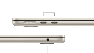 MacBook Air, zatvoren, lijeva strana prikazuje MagSafe i dva priklju?ka Thunderbolt, desna strana prikazuje uti?nicu za slu?alice