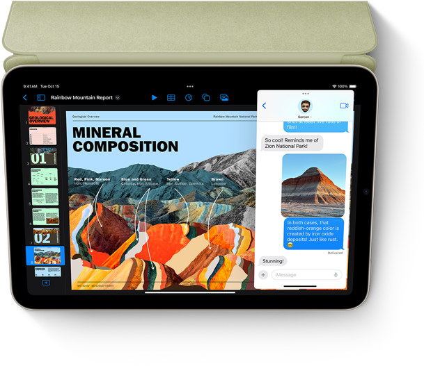iPad?mini fekv? nézetben, a kijelz?n a Keynote, valamint az üzenetek Slide Overben.