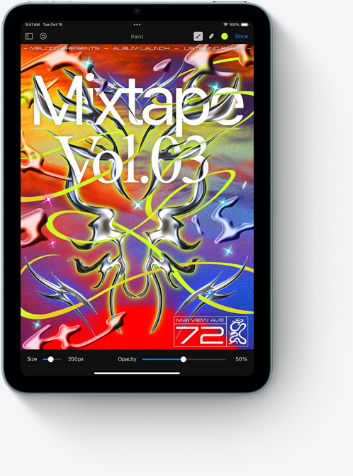 Az iPad mini álló nézetben egy színekben gazdag Pixelmator-képerny?t jelenít meg.