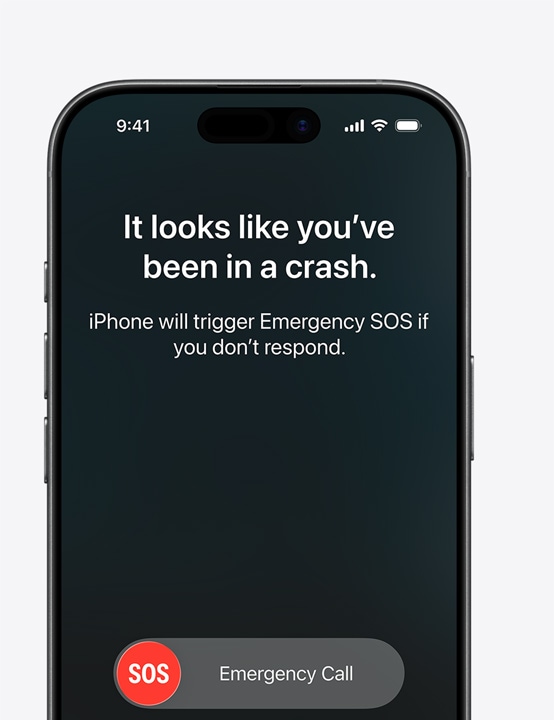 iPhone készülékek egymás mellett. Az els?n az üzenetek, a Lokátor és a K?zúti segélyszolgálat widgetje látható a m?holdas kapcsolat elérhet?ségének jelzésével, a másodikon a Vészhelyzet – SOS funkció képerny?je, a harmadikon pedig a K?zúti segélyszolgálat funkció képerny?je.