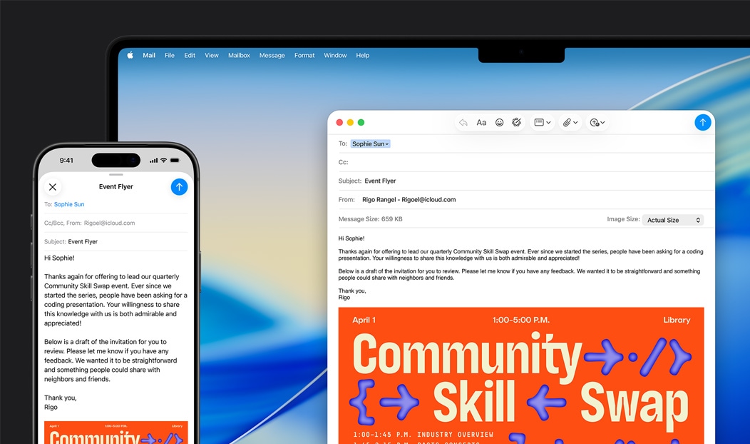 iPhone?16?Plus és MacBook?Pro, megnyitva a Mail app, ugyanaz az e-mail-vázlat látható mindkét kijelz?n