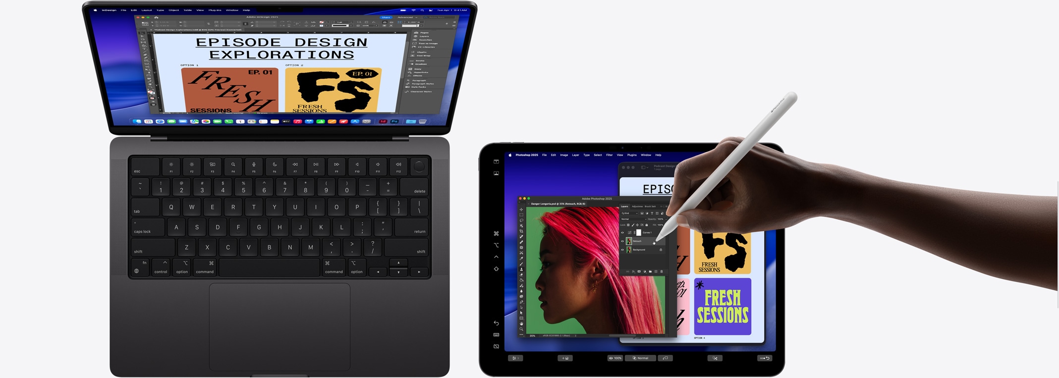 Egy 14 hüvelykes MacBook Pro, amelynek kijelz?jét egy 13 hüvelykes iPad Pro terjeszti ki, egy kéz az Apple Pencil Prót használja az iPaden megjelen? kép módosításához