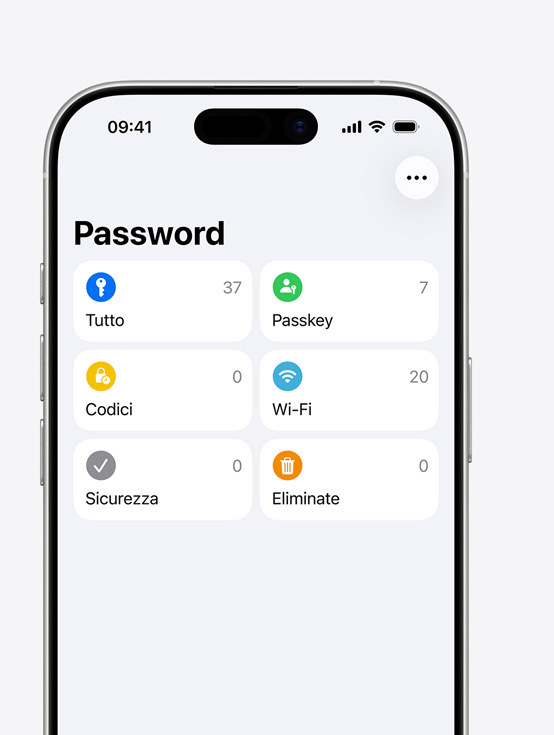iPhone che mostra il menu Password con le opzioni Tutto, Passkey, Codici, Wi?Fi, Sicurezza, Eliminate