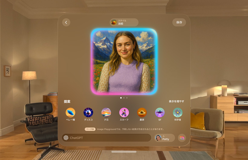 部屋の中に浮かんでいるApple Vision ProのImage Playgroundの畫面。ジェン文字の顔が表示されている