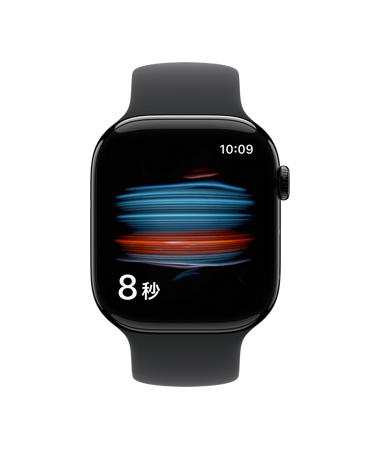 光沢のあるジェットブラックアルミニウムケースのApple Watch Series 11。ヘルスケアアプリで體に取り込まれた酸素のレベルをチェックしている。ブラックのスポーツバンドが取りつけられている