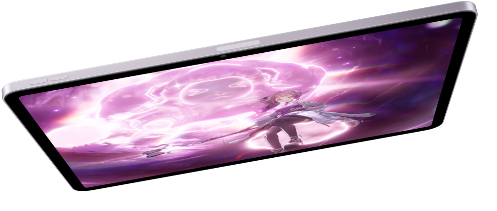 ビデオゲームが表示された橫向きのiPad Air。下にはほかに2臺のiPad Airが置かれている