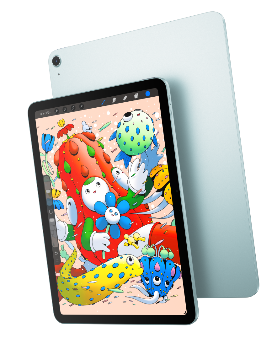 背面の外観が見えているブルーのiPad Airの手前に重なった、iPad Airの前面の外観。Procreateが表示された11インチモデルを紹介している