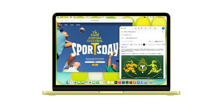 MacBook Neo上でSafariやメールなどの複數(shù)のアプリが開(kāi)かれ、「The fourth annual cultural sports day」と書(shū)かれたフライヤーが表示されている