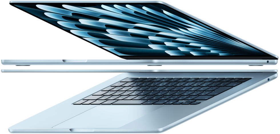 2臺のスカイブルーのMacBook Airノートブックが矢印のような形狀になっている。薄いデザインが強調(diào)されている