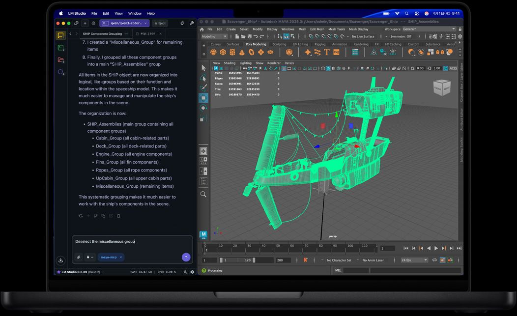 MacBook Proの畫(huà)面にLM StudioとAutodesk Mayaが表示されている