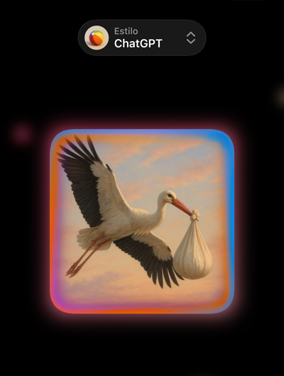 Pantalla de Image Playground con la imagen fotorrealista de una cigüe?a que lleva una bolsa en el pico, en la que se muestran opciones de estilos de imágenes personalizados de ChatGPT