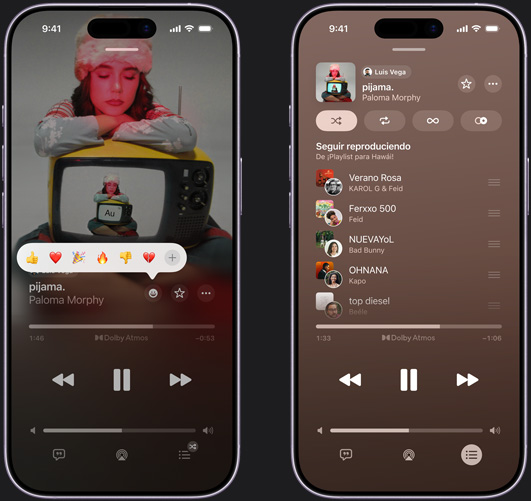 El iPhone a la izquierda muestra 'pijama.' de Paloma Morphy reproduciéndose en la pantalla del iPhone con opciones para reaccionar con emojis que incluyen pulgar hacia arriba, corazón, celebración, pulgar hacia abajo y un botón para elegir otras reacciones. El iPhone a la derecha muestra una playlist colaborativa llamada ?Playlist para Hawái! con varias canciones agregadas por diferentes personas