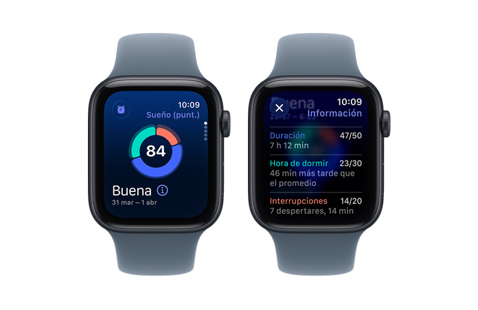 Apple Watch SE 3, Puntuación de Sue?o, gráfica circular y puntaje, fases del sue?o analiza las fases de vigilia, REM, sue?o ligero y sue?o profundo