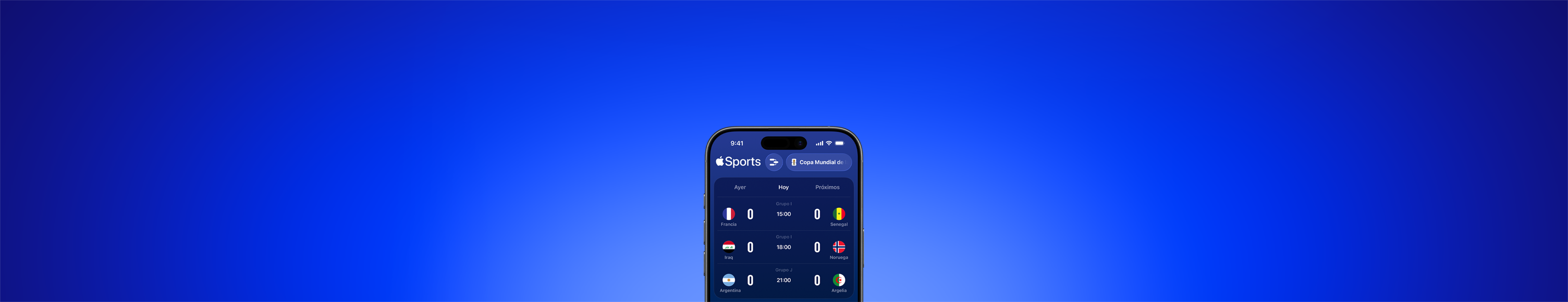 App Apple Sports en un iPhone que muestra los partidos del día de la Copa Mundial de la FIFA 2026, pesta?a Hoy seleccionada