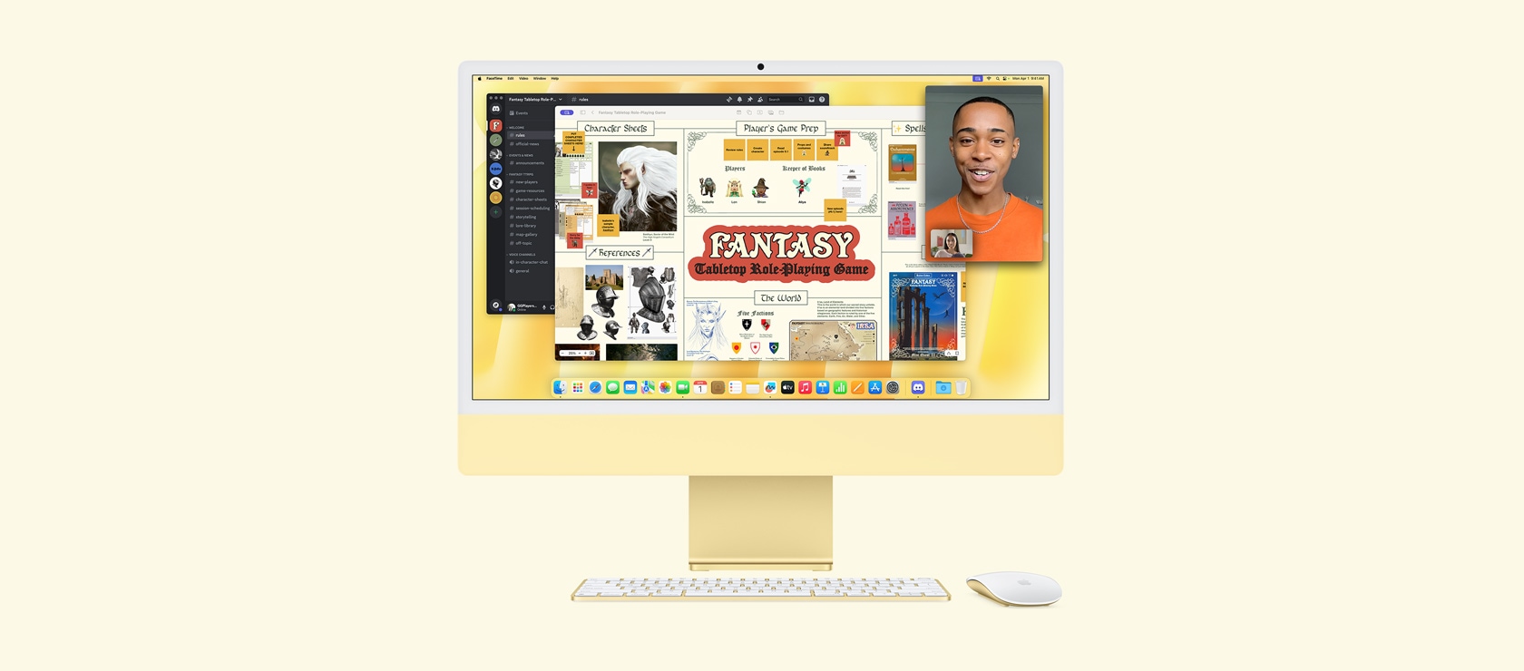 Geltonas ?iMac“. Ekrane rodomos ?Freeform“, ?Discord“ ir ?FaceTime“ programos, kartu naudojamos fantastinio stalo ?aidimo vaidmenimis metu
