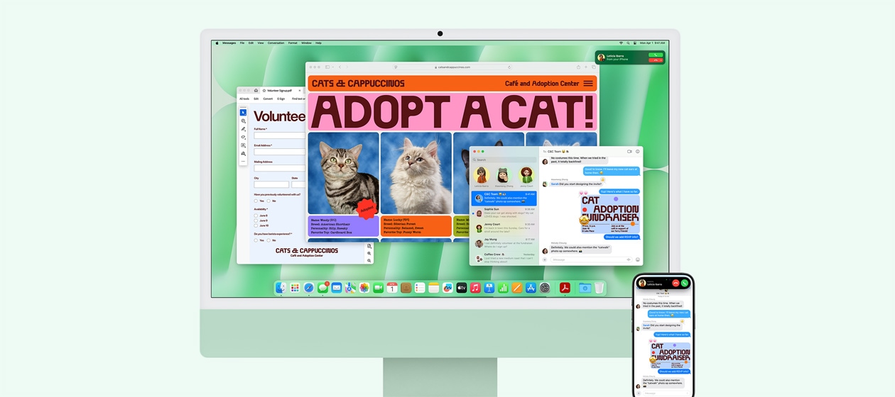 ?alias ?iMac“ ir ?iPhone“ vienas ?alia kito. ?iMac“ ekrane rodomi ?einan?i? ?iPhone“ skambu?i? prane?imai. Abu ?renginiai rodo program? ??inut?s“ su identi?kais susira?in?jimais