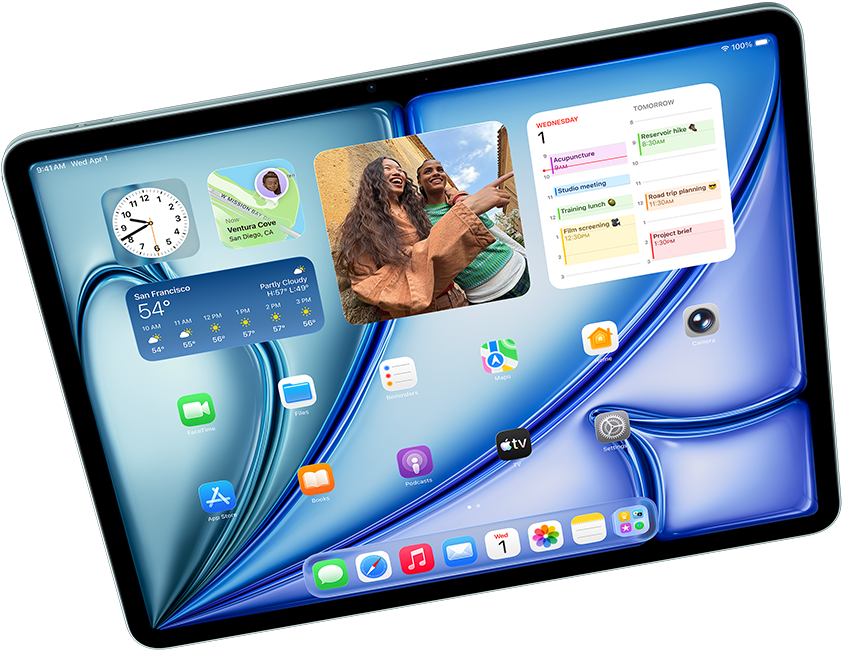Guls?io ?iPad Air“ vaizdas, kuriame demonstruojamas ?Apple Intelligence“ su ?Image Playground“, ?Keynote“ ir ?Apple Pencil Pro“