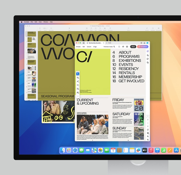 Spalvingas ekranas, kuriame rodomos ?vairios doke esan?ios programos ir veikian?ios programos ?Safari“ bei ?Adobe Acrobat“